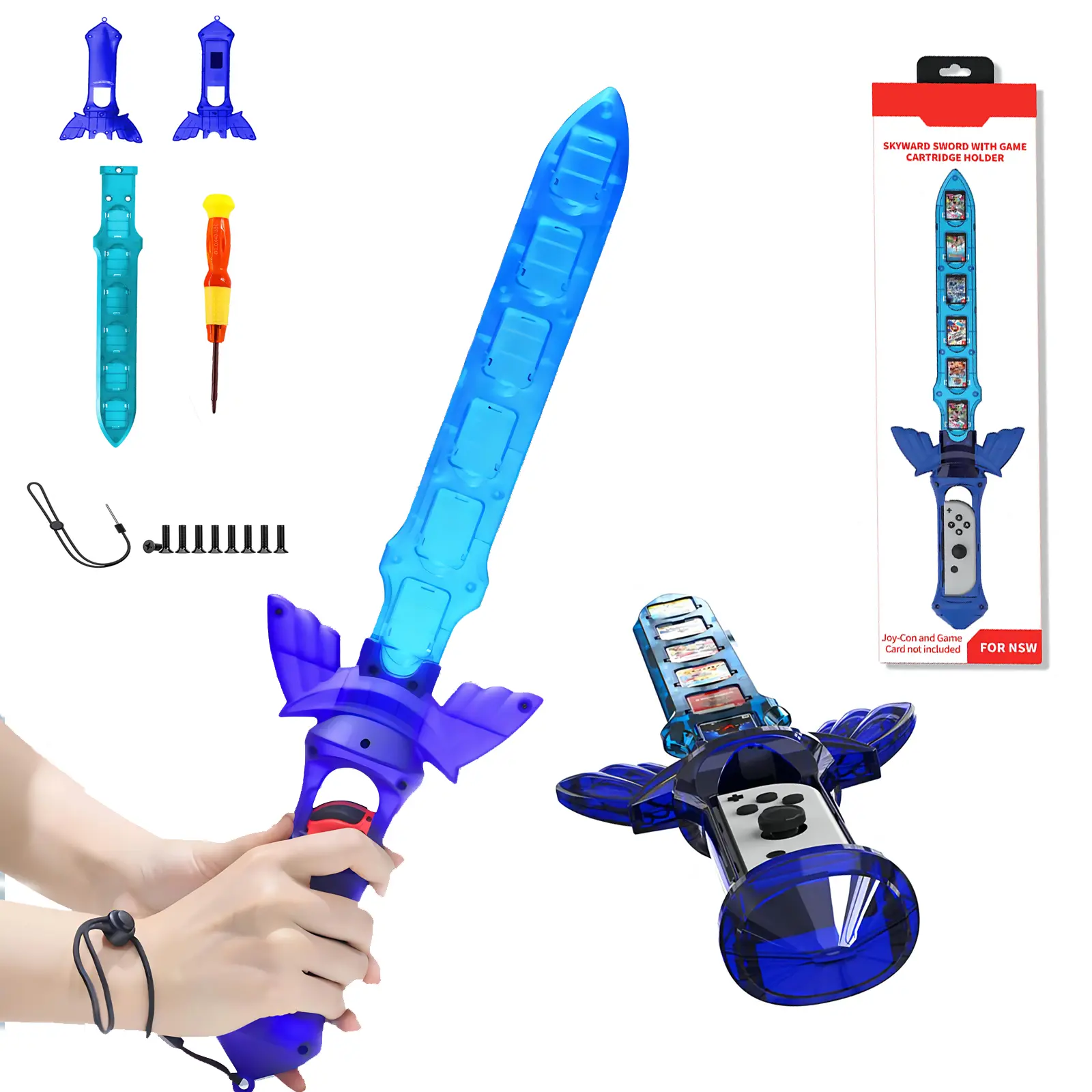 Sword Grip Controller for Nintendo Switch, Protective Device for Joy-con Controller, Accessory Kit for Zelda Including Sword Hand Grip, Wrist Strap and Game Card Storage Device