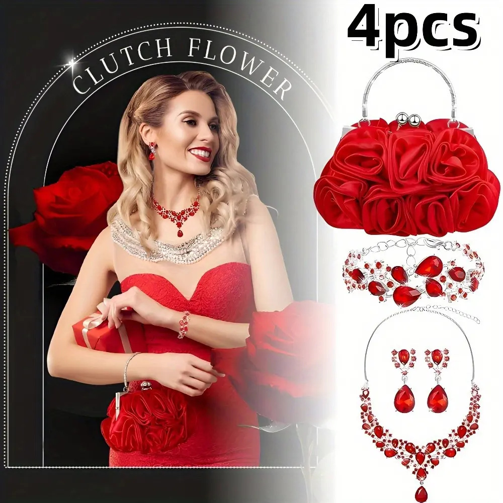 Women's Rose Motif Clutch Purse & 4-Piece Rhinestone Jewelry Set, Convertible Shoulder Bag with Bling Effect, Glam Style Gift for Mother's Day, Detachable, Wedding Guest Purse, Evening Clutch Purse