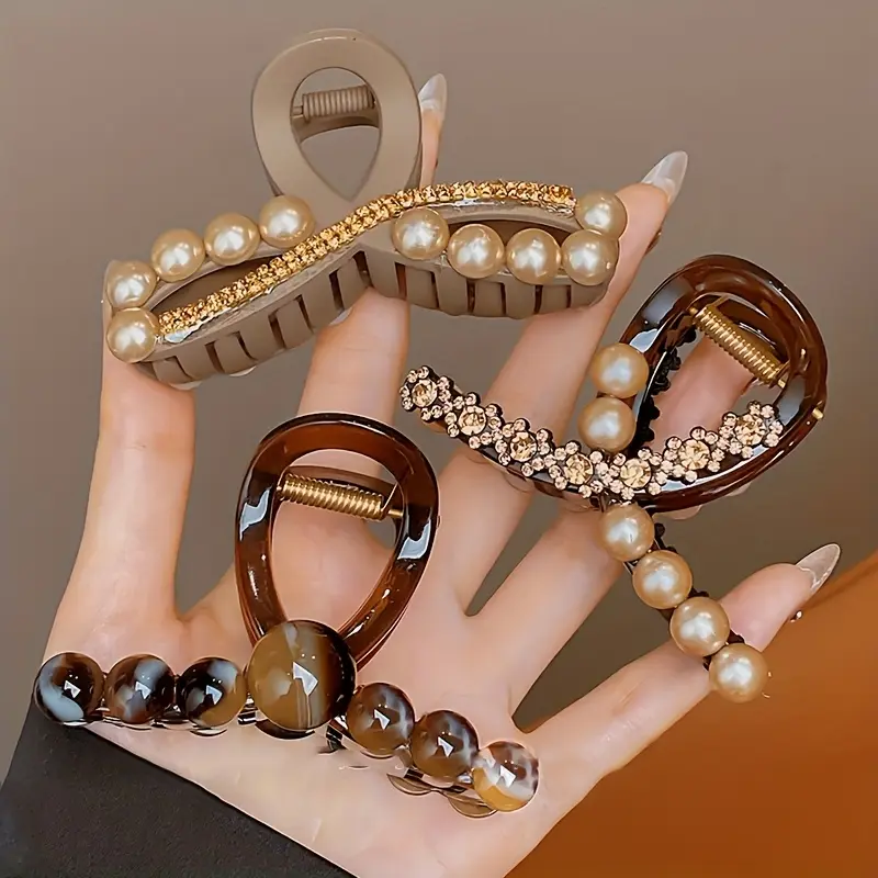 Pearl Claw Clip for Women, Medium Strong Hold Hair Clip for Thick Thin Hair, Elegant French Twist Shark Clip, Luxury Hair Accessories for Everyday Office Wedding Party Updo Hairstyles