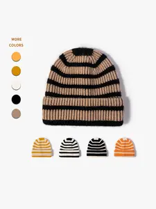Striped Roll-Edge Knit Hat, Thick Warm Fashion Design, Unisex Adult Winter Accessory, Casual Daily Wear for Men and Women