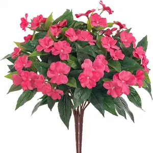 Artificial Impatiens Bouquet Silk Faux Flowers 2PCS Rose Red Outdoor Indoor Decoration for Balcony Kitchen Planters Decorative Ornaments Artificial Flowers For Outside