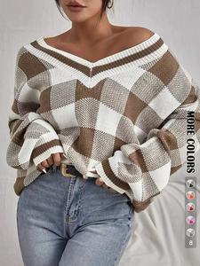women's plaid print batwing sleeve sweater, lady casual comfort knitting deep v neck long sleeve jumper for fall, women's knitwear top for daily wear, garment