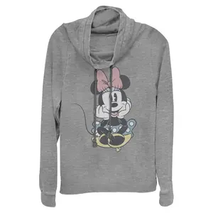 Juniors Womens Mickey & Friends Distressed Minnie Mouse Sitting Cowl Neck Sweatshirt