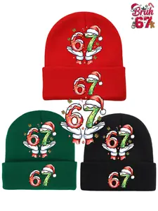 Christmas style #67 printed knitted cap, featuring a festive Christmas theme. This fashionable printed fleece cap is warm and cozy, made of soft and comfortable fabric. It's a must-have Christmas gift, available in unisex styles. Beanie Fitted
