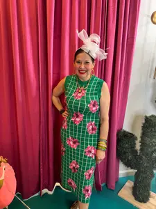 QOS Green & White Checkered Pink Azalea Knit Midi Dress