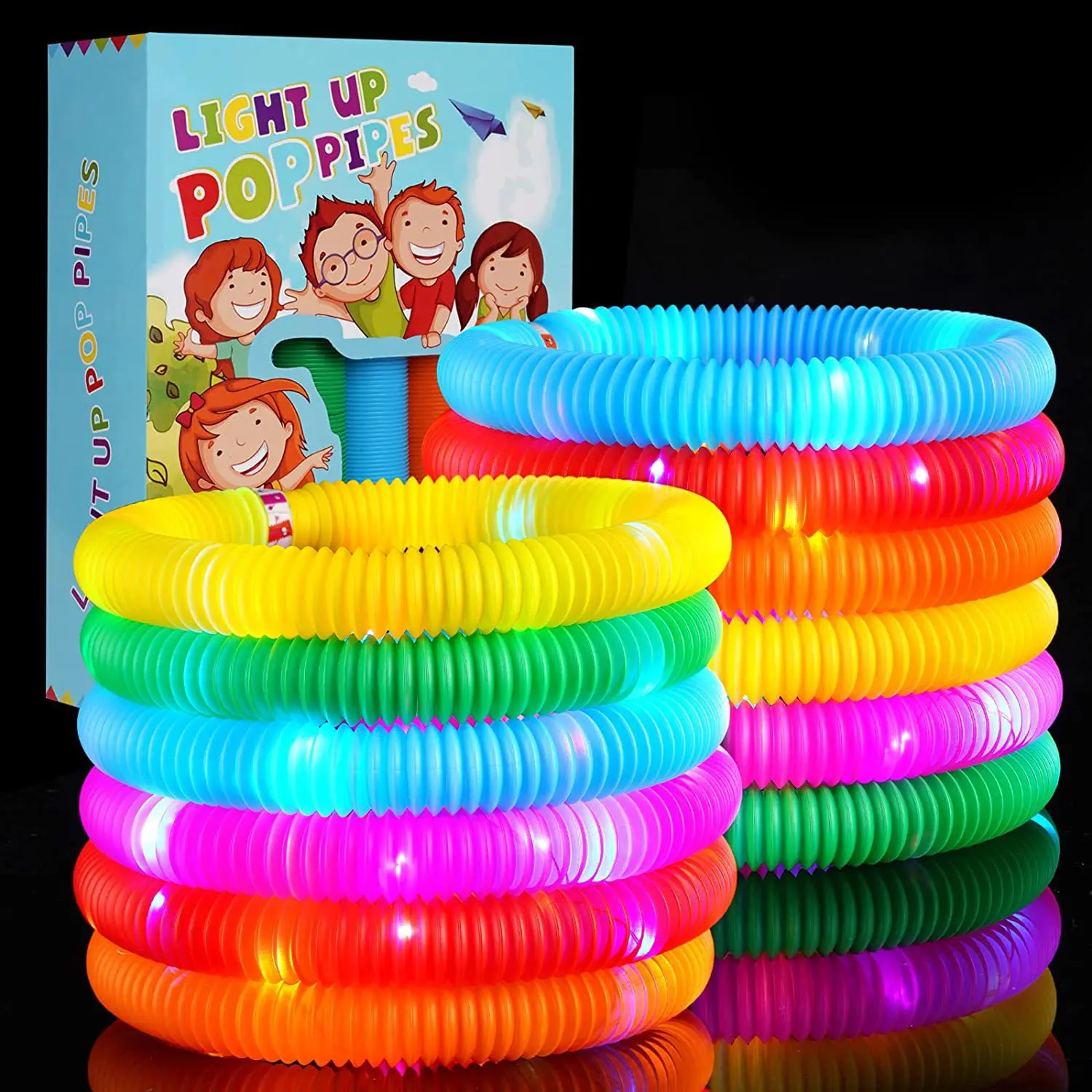 12-PC Light Up Pop Pipes Stress Relief Toy Set, Glowing Classic Novelty Toy, Christmas Birthday Favors, Goodie Bags Fillers, Ideal for Gifting Kids Holiday Party Supplies