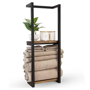 2-tier Wall Mounted Towel Rack, Elegant Metal & Wood Design Towel Holder Shelf, Towel Storage Rack for Bathroom Home Dormitory Hotel Decor, Bathroom Accessories Organizer