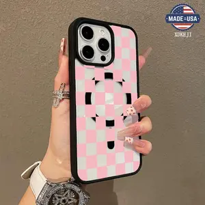Trendy Pink Checkerboard Pattern Premium Magnetic Phone Cases for iPhone 16 15 14 Pro Max 13 12 11 Plus Smartphone Shockproof Protection Acrylic Cover Cellphone Protective magsafe magnetic case Aesthetic Resistance Casing Protector