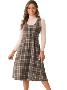 INSPIRE CHIC Women's Plaid Overall Dress Vintage Sleeveless A-Line Midi Pinafore Dress with Pockets