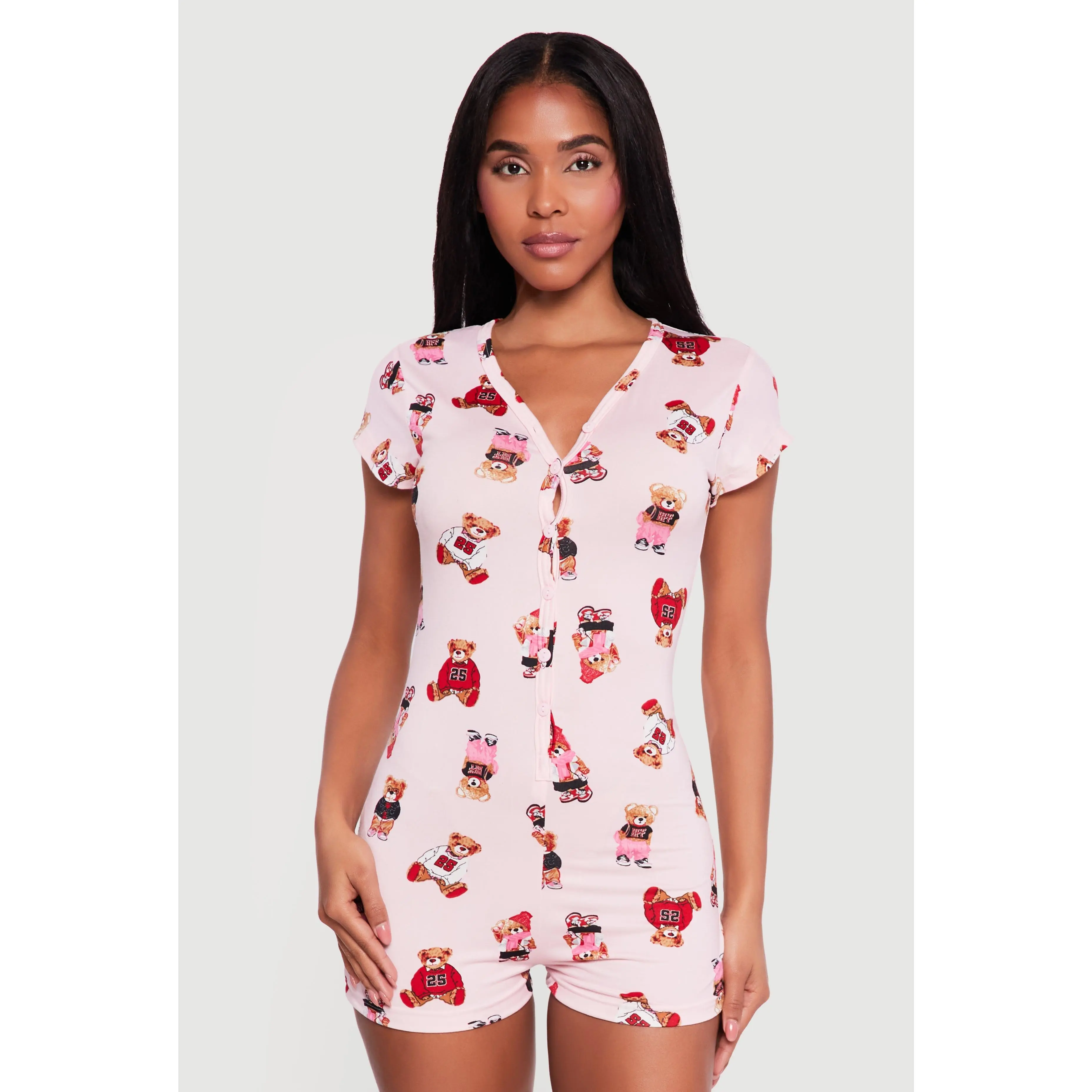 Bear Patterned Button Front Pajama Romper