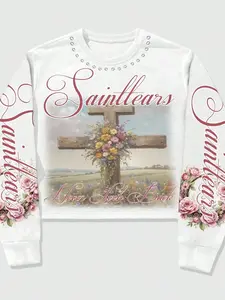 1pc Men's White Graphic Sweatshirt Sainttears Pink Rose Wreath Print Heavyweight Long Sleeve Pullover Floral Sleeve Graphic Retro Streetwear Top