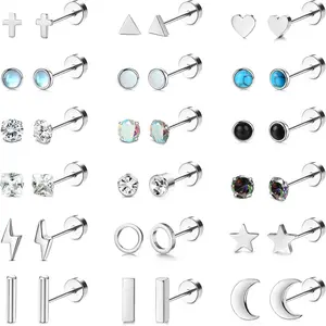 FINREZIO 18 Pairs Silvery Tiny Stainless Steel Cartilage Stud Earrings for Women Men Cute Moon Star Heart CZ Opal Geometric Flat Back Piercing Jewelry Set Small 20g Cartilage Helix Earrings