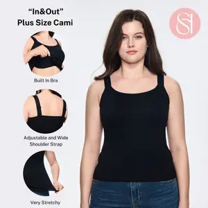 SOFT INTENTION In&Out Plus Size Cami with Built-in Bra Tank Top Adjustable Wide Straps Push Up Seamless Comfortable Anti-slip Women's Basic Curvy Springtok Black Minimalist Sleeveless Very Stretchy