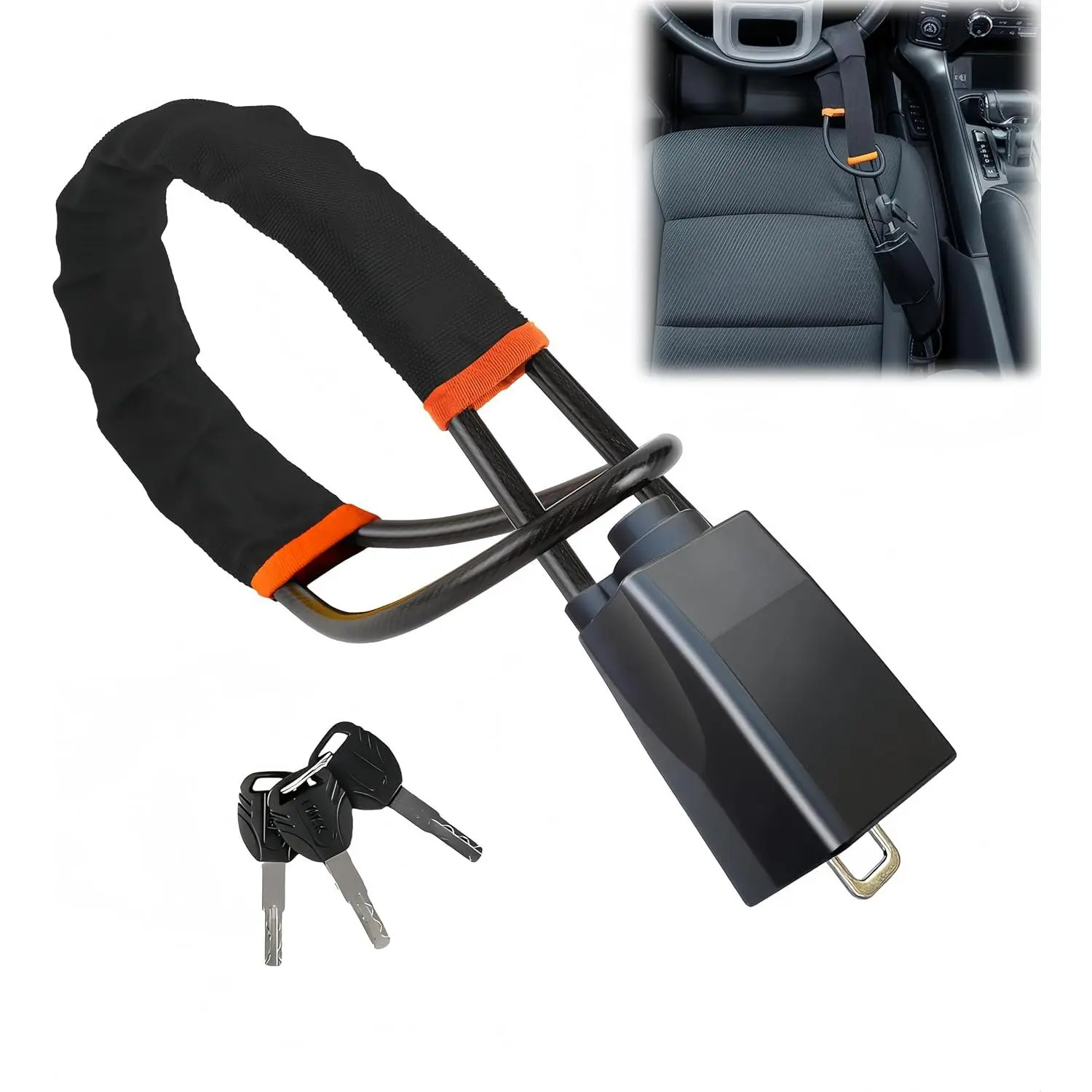Automotive Steering Wheel Seat Belt Lock - 3-Point Double Anti-Theft Device with Thickened Steel Braiding, Adjustable Locking System, Compact Lightweight Car Accessories for SUVs, Golf Carts, Synthetic