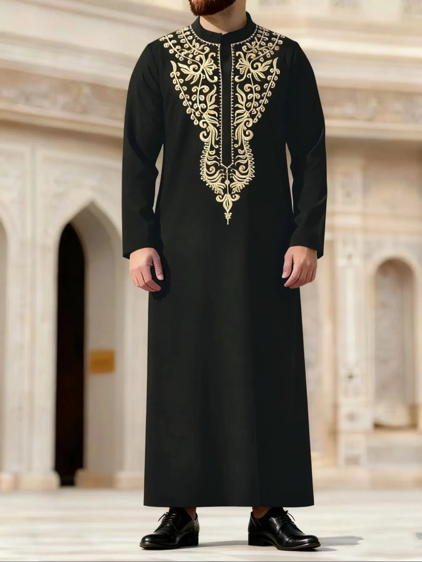Muslim men's thobes, Premium Traditional Thobe, Collared Style Thobe, Traditional Arabic Robe, long-sleeved stand-up collar embroidered Saudi traditional clothing suitable for daily outings festival parties Ramadan gifts