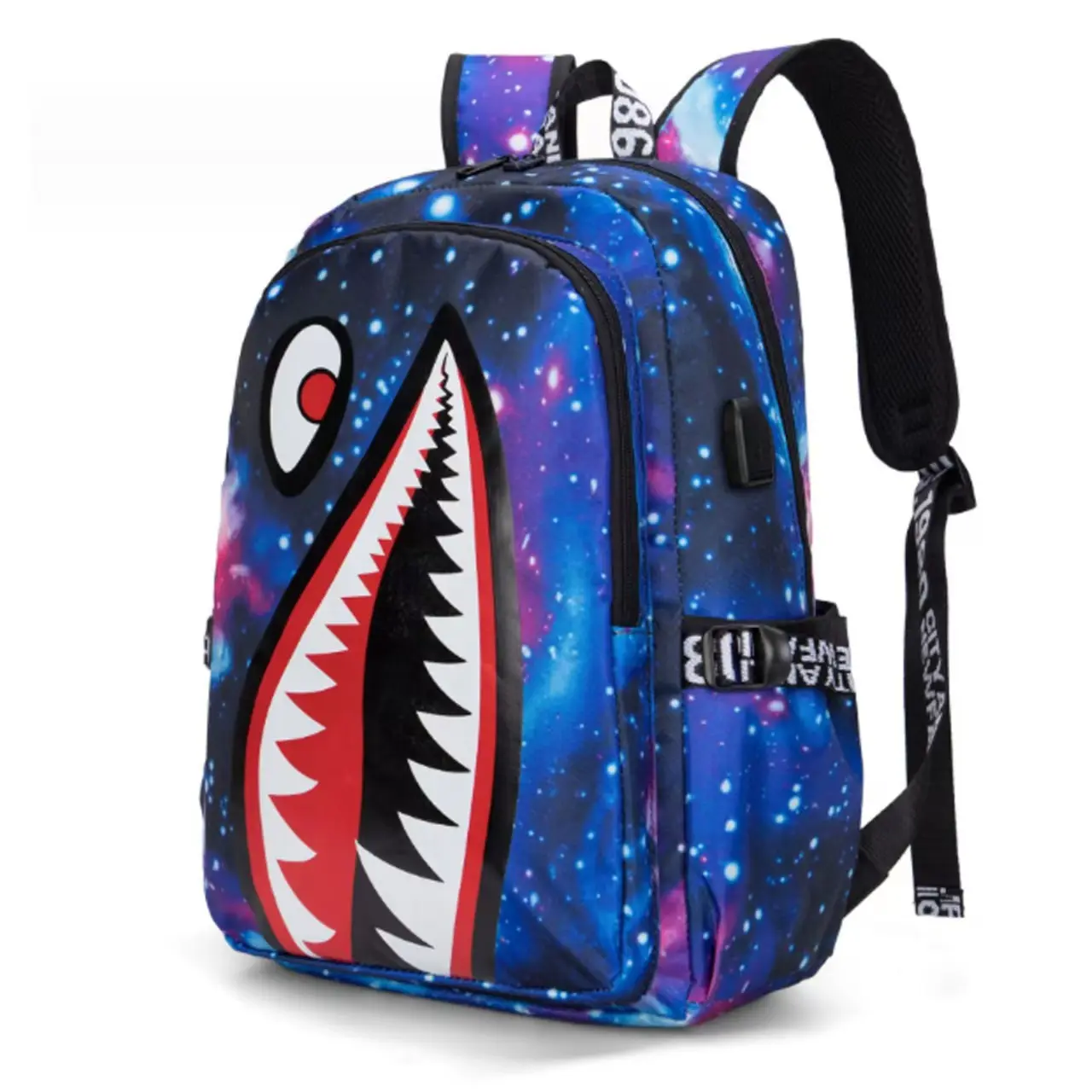 Sprayground Galaxy Shark Mouth Print Backpack - Boys' Lightweight Durable Large-Capacity Laptop Backpack with USB Port for School, Travel