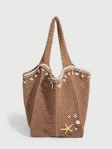 Vacation style shell tassel tote bag, hand crocheted hollow out, adorned with starfish pearls, contrasting lace edging, fashionable texture, lazy seaside style, versatile beach vacation item, full of atmosphere