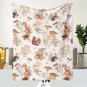Vintage Animal Theme Digital Print Soft Comfort Throw Blanket - Polyester Knit Fabric, All-Season Multipurpose Cozy Cover with Woodland Creatures Pattern, Ideal for Nap Time