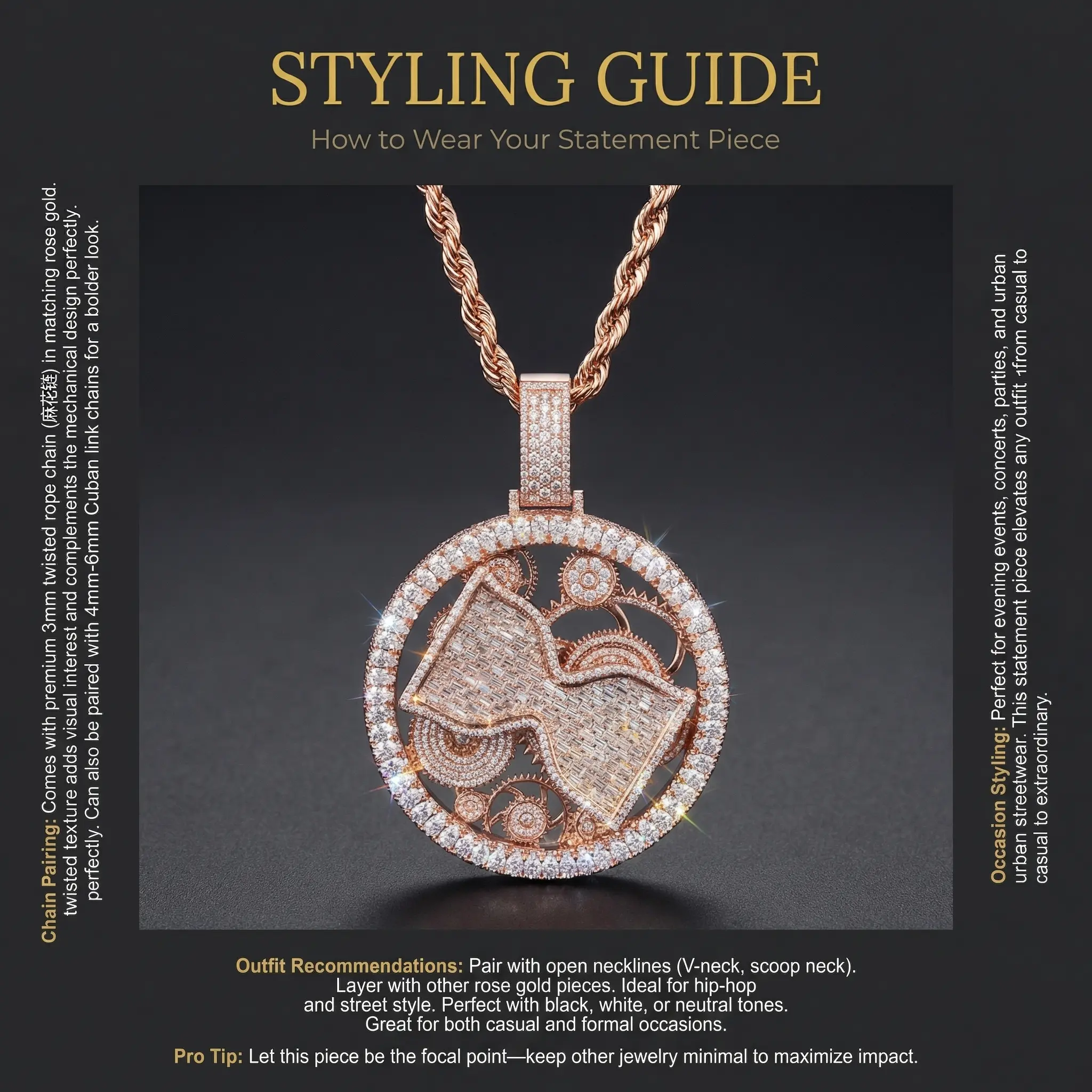 Men's 3D Iced Out Mechanical Gear Pendant - Rose Gold Baguette CZ Steampunk Medallion, Luxury Hip Hop Engineering Art Jewelry with Twisted Rope Cuban Link Iced Out Chain & Charm, Casual Trendy Accessory, Necklace Gift, Iced Out Chains