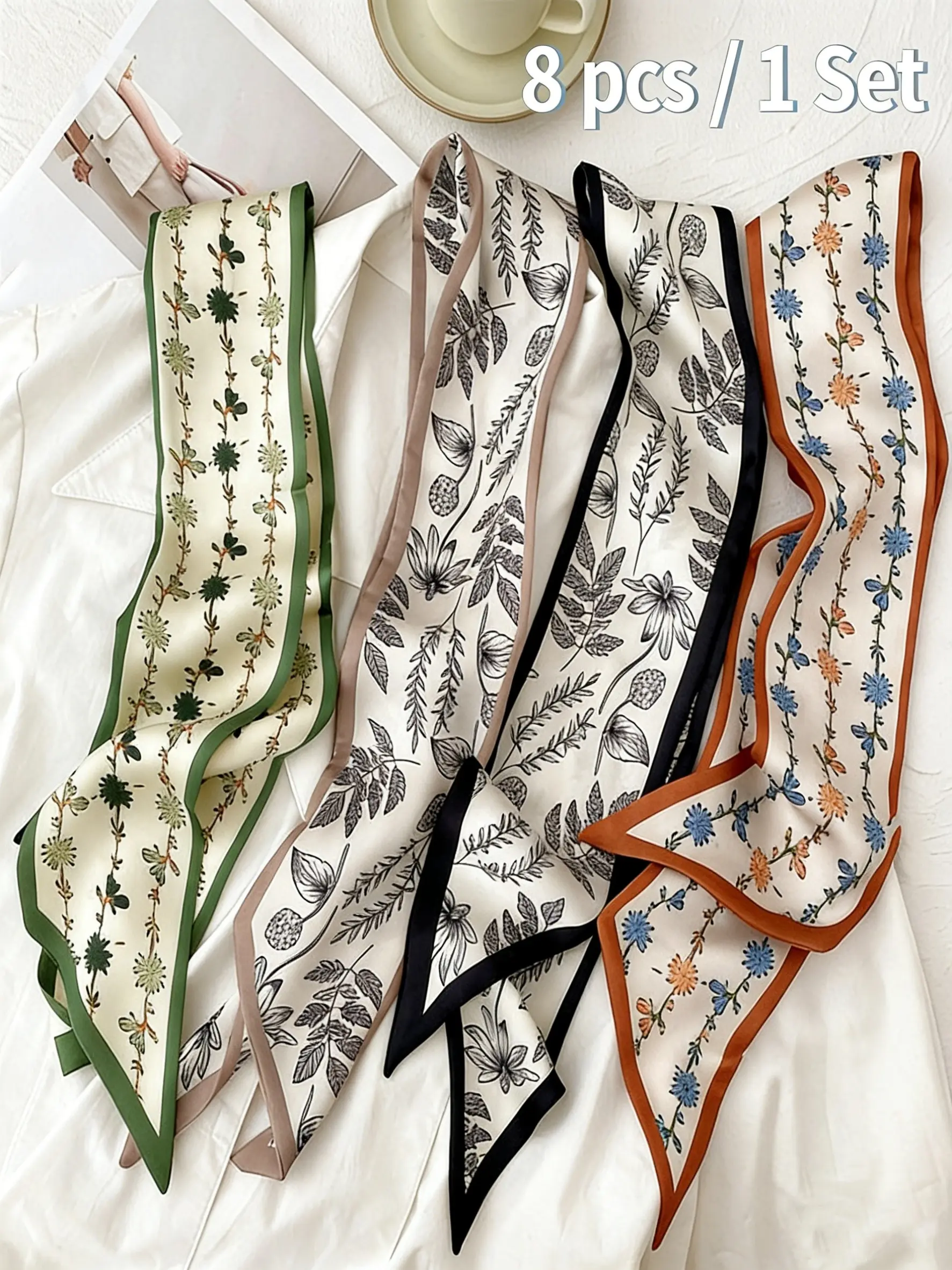 8 Pcs / 1 Set Elegant French Style Leaf Scarf Set, Suitable for Women and Girls, Vintage Hairband, Fashion Headscarf, Woven Ribbon, Multifunctional Accessories, Floral Print Scarf, Boho Floral Shawl