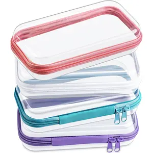 4 count Hard Clear Zipper Case Makeup Bags Plastic Pencil Pouch Transparent Storage Box Containers for , Snacks, Building Blocks, Puzzles(Multicolor,7.5 x 3.9 x 2 in)