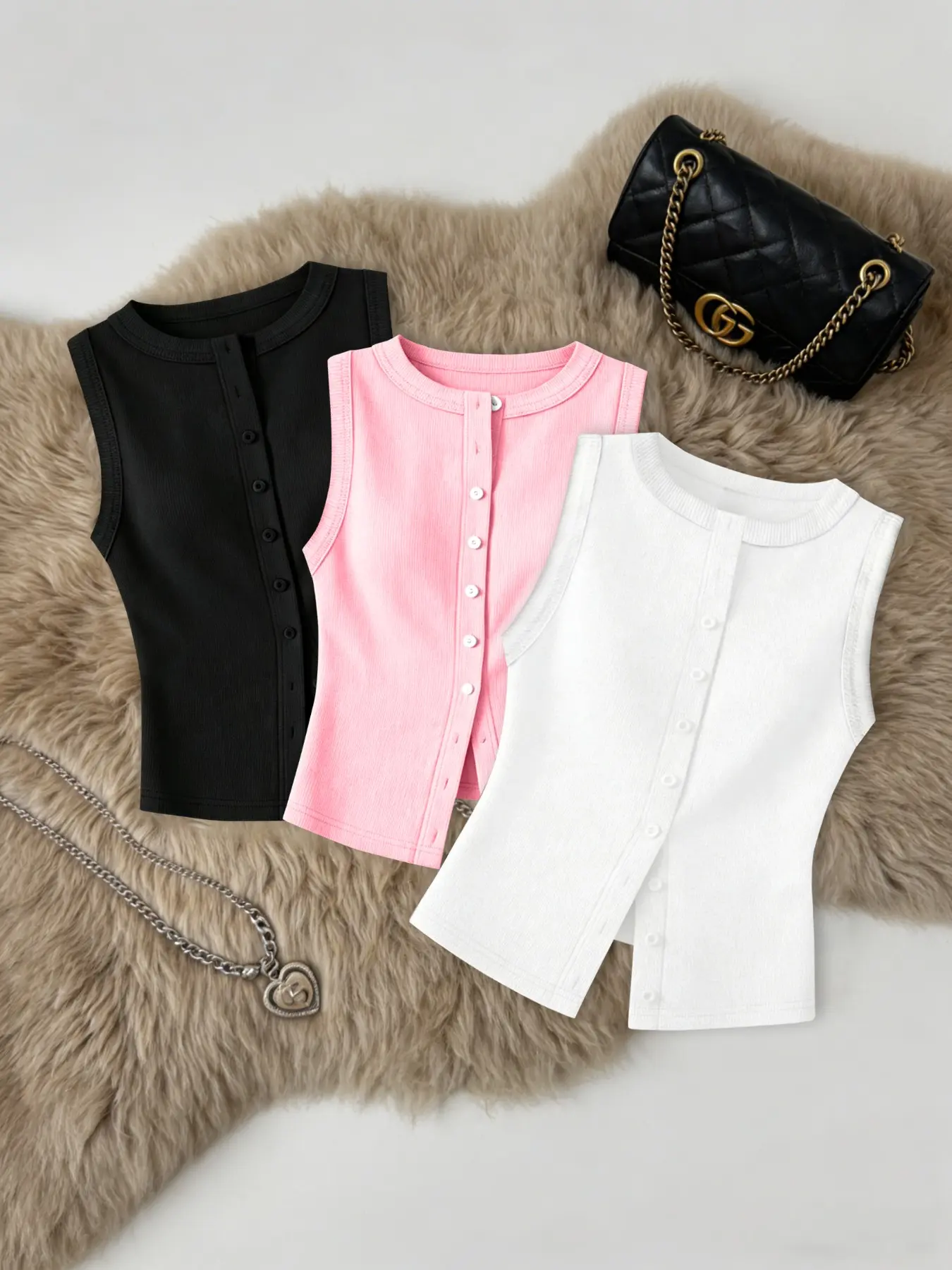 Women's Solid Color Ribbed Sleeveless Fitted Vest Set, Basic Slim Fit Round Neck Top, Casual Office Wear, Inner and Outer Layering