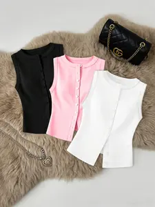 Women's Solid Color Ribbed Sleeveless Vest Set, Basic Slim Fit Round Neck Top, Casual Office Wear, Inner and Outer Layering