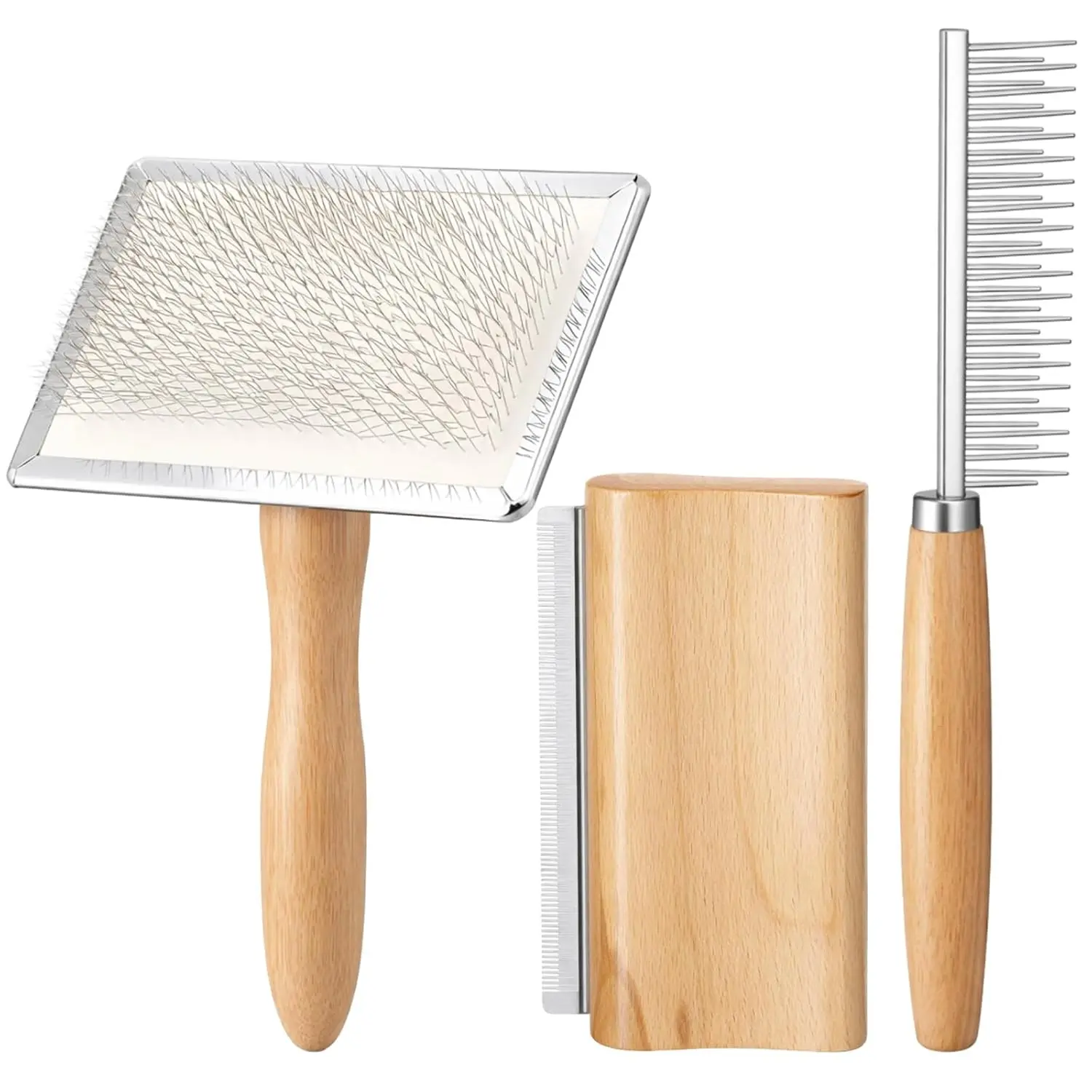 Dog Slicker Brush Set for Shedding Wooden Handle, Pet Deshedding Comb, Long and Short Bristle Comb, Grooming Pin Brush for Dogs Cats, Removes Loose Hair, Mats & Tangles, Grooming Tools Set