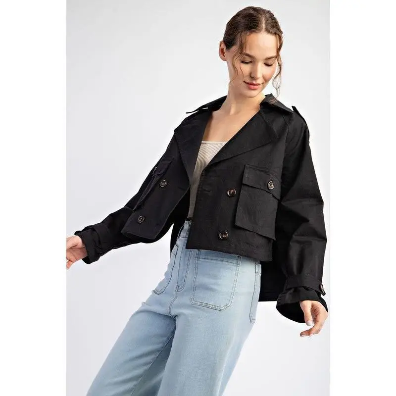 Cropped Cotton Trench Jacket Black - Notched Collar Button Down Front Two Chest Pockets Shoulder Straps Wrap Cuffs Inverted Pleat Back Modern Silhouette Coats Womenswear