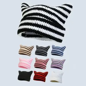 Striped Cat Ear Hat Crochet Beanie Handmade Accessories Valentine’s day Anniversary Gift for Her Girlfriend Boyfriend Trendy E Girl for Women and Men Warm Hat Unisex cat
