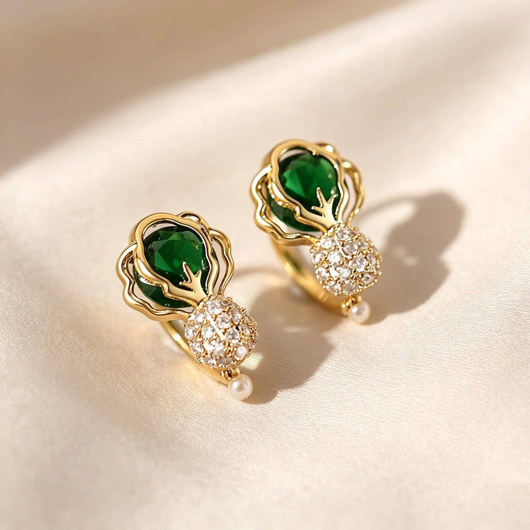Elegant Green Emerald Stud Earrings with Gold Plating and Diamond Accents for Women