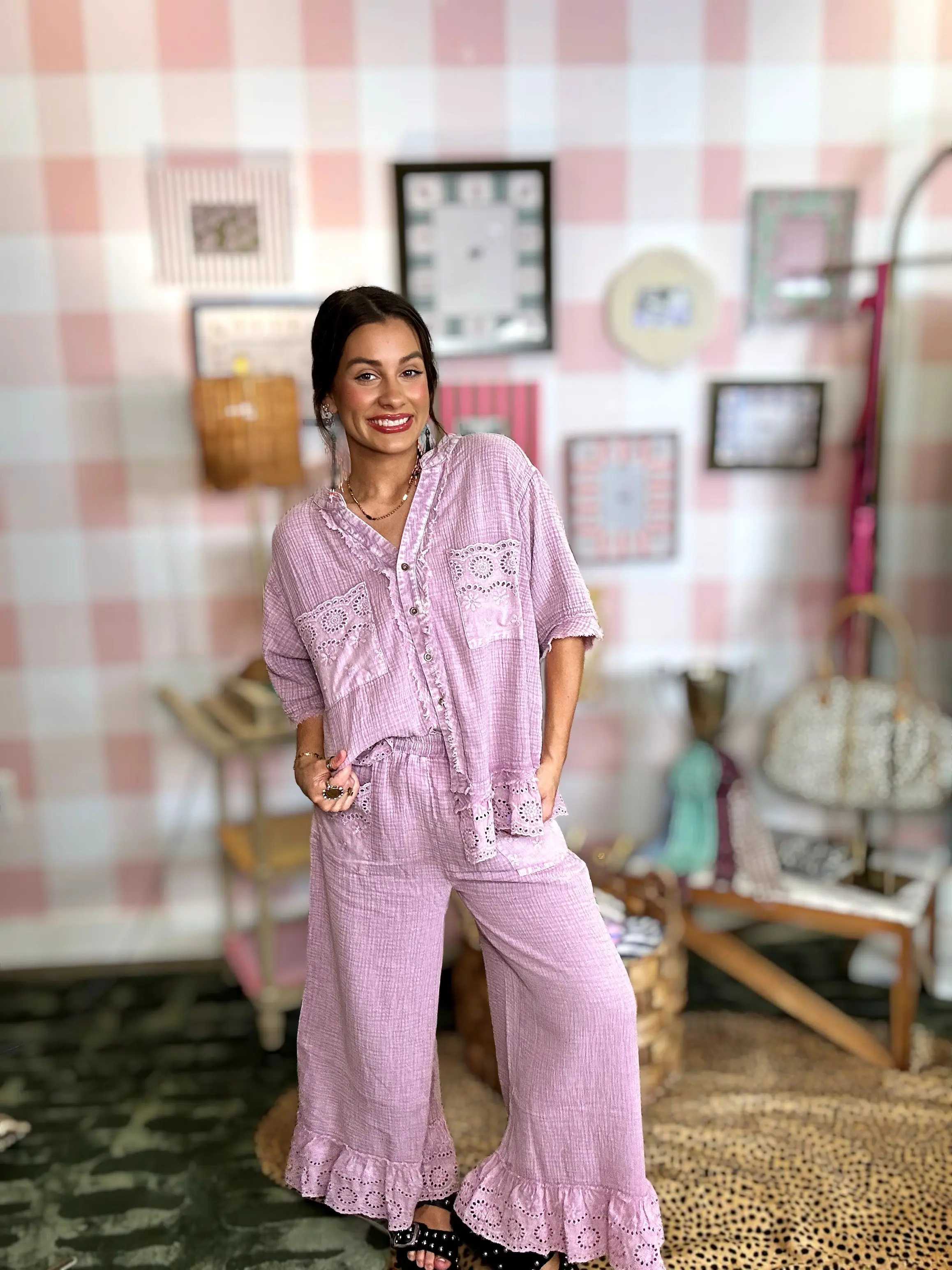 Lilac Rose Crochet Hem Gauze Ruffle Pants
