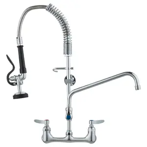 VEVOR Wall-Mounted Kitchen Faucet, 25" Tall, 8" Center Distance, 12" Rotatable Spout, Includes Pre-Rinse Spray, Brass Build, Pull-Down Feature, Suitable for Multi-Compartment Sinks