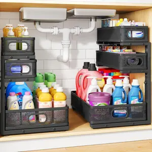 2-Pack 3-Tier Thickened Metal Under Sink Pull Out Cabinet Organizer Shelf, Height Adjustable Slide Out Storage Drawer Rack for Kitchen Bathroom Pantry Laundry Home Office Organization