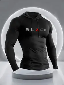 Men's Casual Long Sleeve Hooded T-Shirt with Letter Print, Fitted H-Type Design, Perfect for Outdoor Fitness and Sports, Gym Athletic Clothes