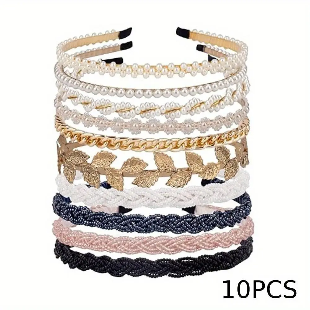 10 Pack Pearl Headbands Beaded Headband Metal Head Bands No Slip Hair Accessories for Women Girls