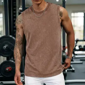 1-pack men’s heavyweight sleeveless T-shirt with a distressed wash finish, made from breathable pure cotton that doesn’t feel stuffy, featuring an American retro style—ideal for summer sports and casual wear.