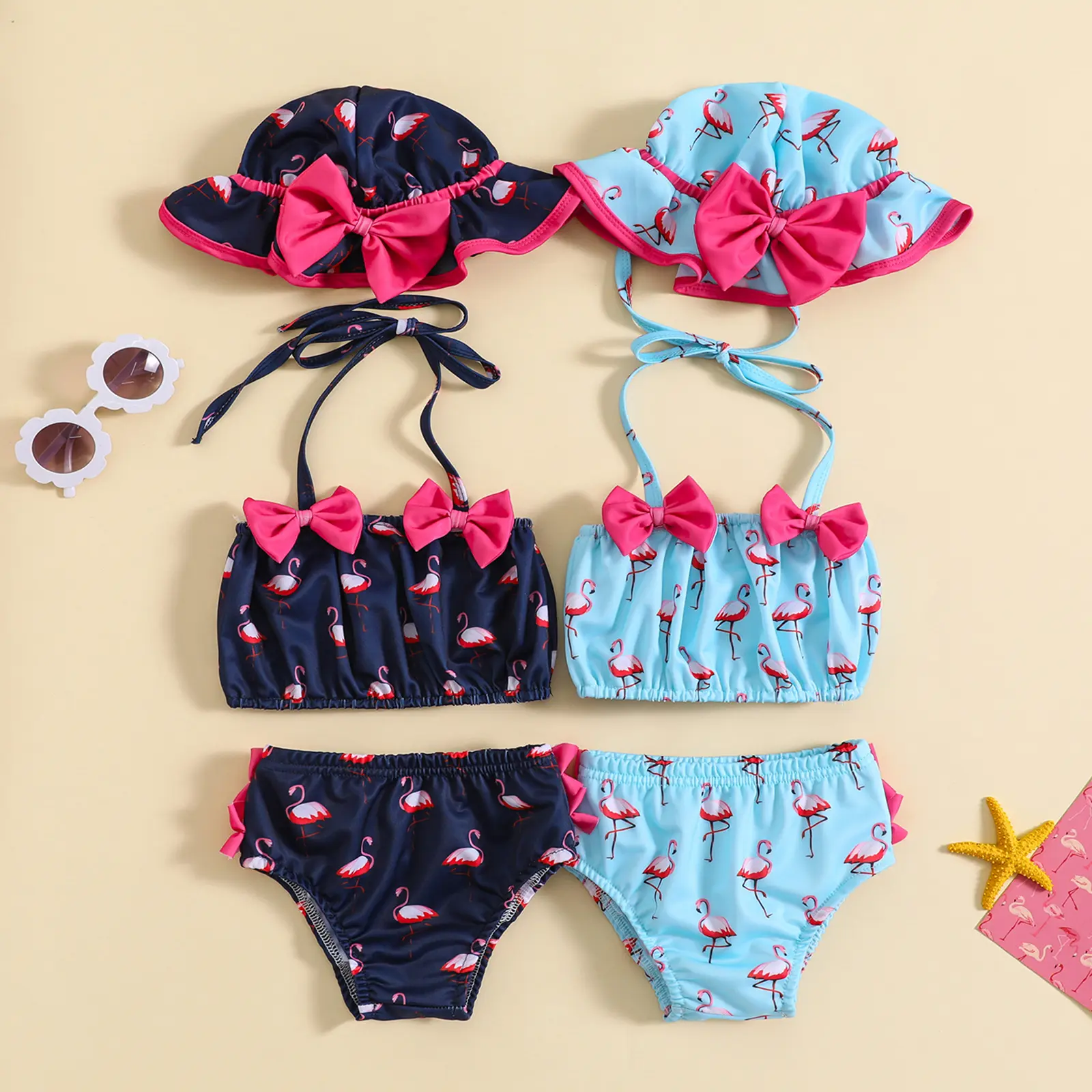 Toddler Girl 3-Piece Swimsuit Beachwear Set - Infant Baby Girl Bikini Top, Swim Bottoms, Hat for Summer Beach Outfits