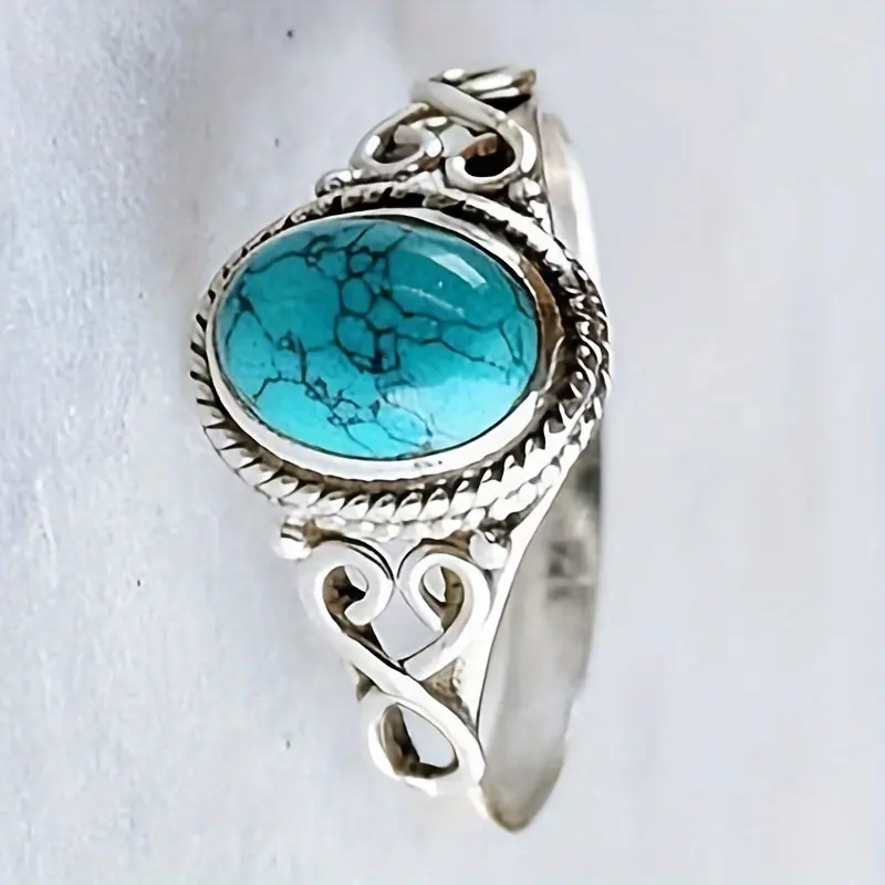 Vintage Bohemian Turquoise Statement Ring with a Large Oval Stone, Classic Adjustable Band, Daily Wear Jewelry for Female, Meaningful Gifts, Oval Gem, Gemstone