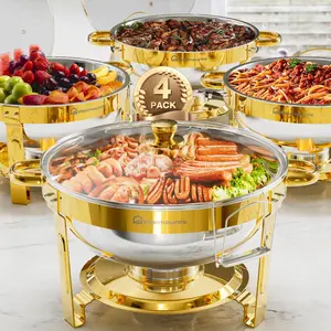 WARMOUNTS 5QT Gold Chafing Dish Buffet Set, Upgrade Gold Accent Stainless Steel Chafers and Buffet Warmers Sets with Glass Lid & Lid Holder for Parties Catering Events Weddings Banquets,Parties