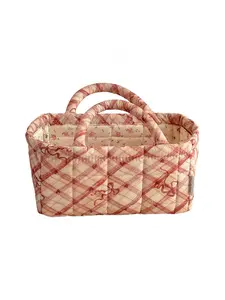 Foldable Floral Quilted Storage Basket with Handles, Multipurpose Fabric Organizer Basket for Car and Home, Portable Storage Tote Bag for Clothes, Groceries and Cosmetics, Cute Room Decor