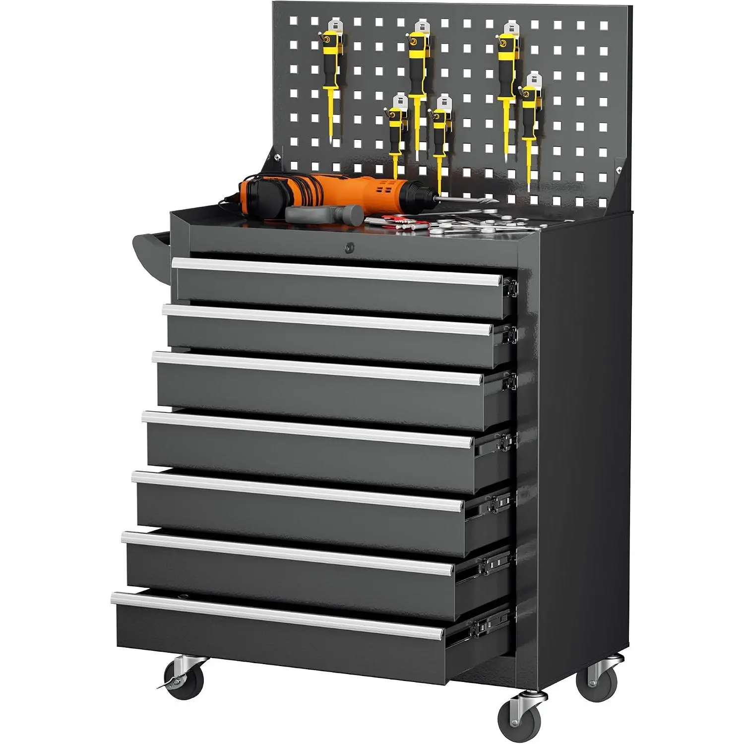 INTERGREAT 7 Drawers Rolling Tool Chest with Pegboard, Metal Tool Chest with Drawers, Tool Storage Cabinet with Wheels for Garage, Workshop, Repair Shop, Black