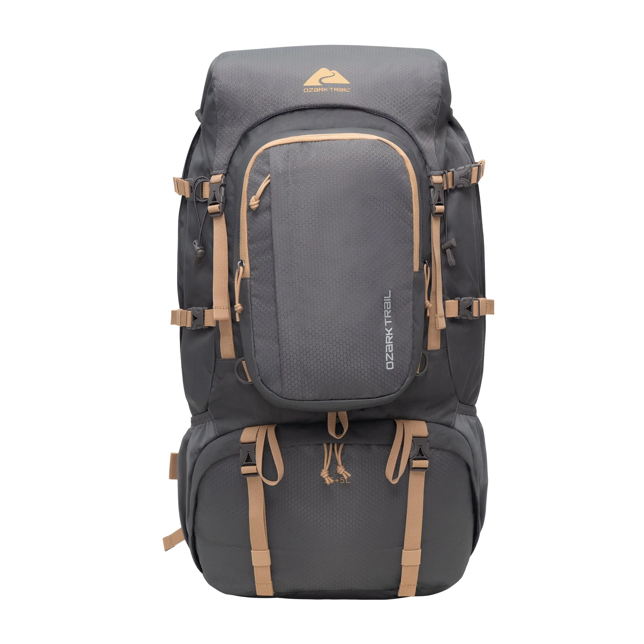 Ozark Trail 60L Adult 420D Hexagon/600D Polyester Hiking Backpack with Multiple Pockets, Tan and Gray
