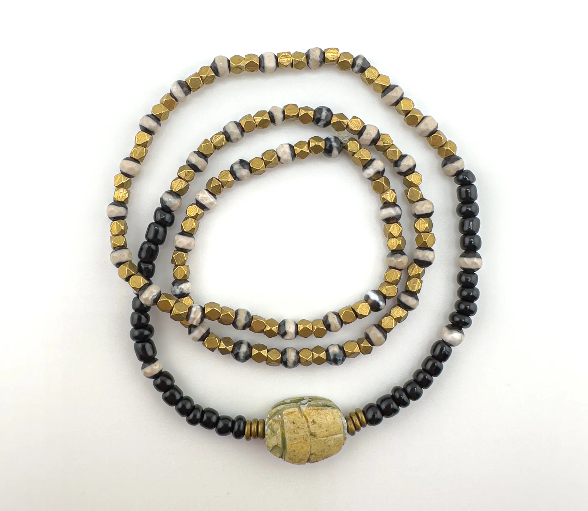 Batik Agate & Brass Scarab 2-in-1 Wrap Bracelet No.1 (Small)