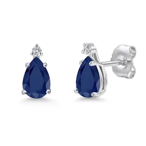 14K White Gold Blue Sapphire and Lab Grown Diamond Stud Earrings for Women | 1.04 Cttw | Gemstone September Birthstone | Pear Shape 6X4MM