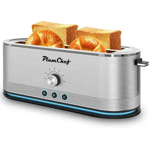 Plum chef 4-Slice Toaster, Extra Wide Long SIot Toaster, 7 Browning Settings,Defrost/Reheat Functions, Removable CrumbTray, Stainless Steel Housing,Anti-Fingerprint & Anti-Jam