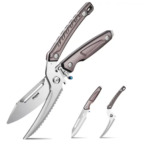 Huusk Heavy-Duty Stainless Steel Kitchen Scissors - Serrated Blade, Detachable Handles, Safety Buckle Clip, Spring-Loaded Grip, Built-In Peeler, Bottle Opener, Shell Opener, Scale, Less Hand Fatigue, Ideal for Meat Cutting, Thanksgiving Gift