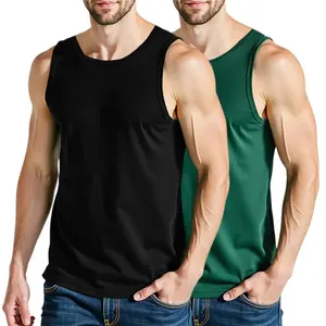 Two men’s sleeveless athletic tank tops featuring a casual urban style. They feature a U shaped neckline and wide shoulder straps. The ribbed textured fabric adds texture. Highly elastic slim fit that contours the body and defines lines. Suitable for urba