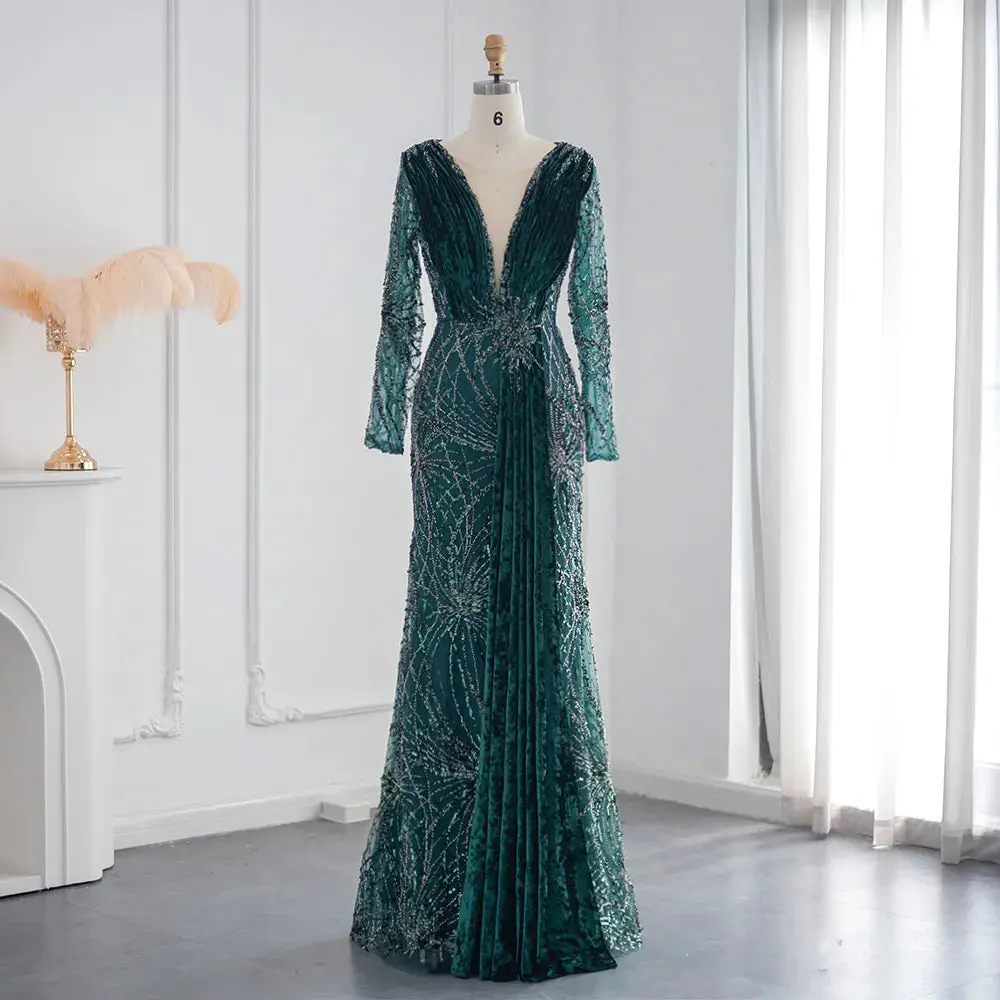 Velvet Enchantment: Emerald Green Mermaid Evening Gown with Long Sleeves - Dubai-Inspired Elegance for Arabic Wedding Guests and Grand Parties. - TikTok Shop Velvet Enchantment: Emerald Green Mermaid Evening Gown with Long Sleeves - Dubai-Inspired Elegance for Arabic Wedding Guests and Grand Parties. - TikTok Shop