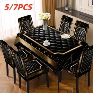 5/7pcs Black & Gold Tablecloth & Chair Cover Set Retro luxury combo for home, indoor/outdoor, hotel decor. Durable fabric, easy-install chair covers, all-season celebration decor.